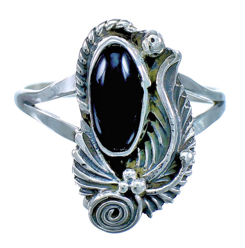 Sterling Silver Scalloped Leaf American Indian Onyx Ring Size 8-3/4 BX118442